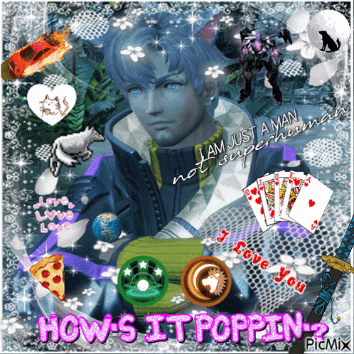 a picture of a man with blue hair and the words " i am just a man not superhuman "