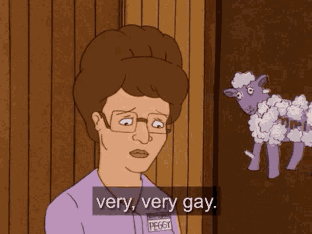 a cartoon of a woman with glasses and a name tag that says peggy