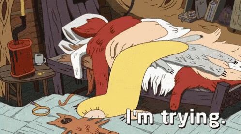 a cartoon of a person laying in bed with the words " i 'm trying "