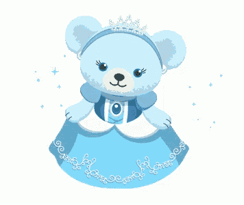 a blue teddy bear wearing a blue dress and a tiara