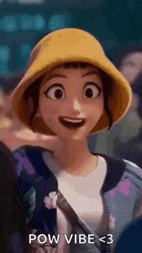 a cartoon girl wearing a yellow hat and a jacket is smiling .