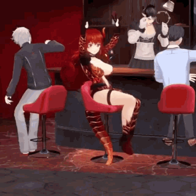 a woman is sitting on a bar stool in a video game while people are standing around her .