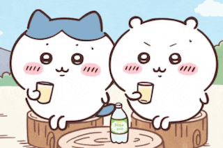 two cartoon characters are sitting on stump holding cups and a bottle of soda .
