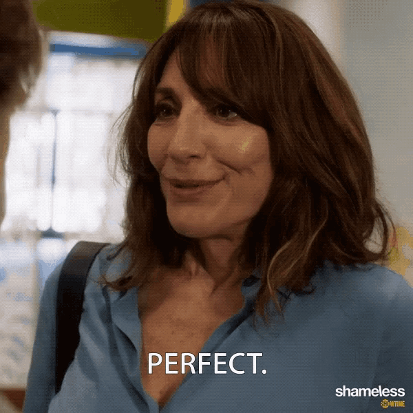 a woman in a blue shirt says perfect in a shameless ad