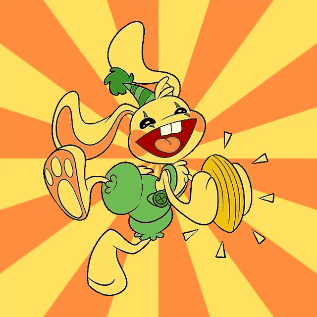 a cartoon of a rabbit wearing a party hat and holding a banana