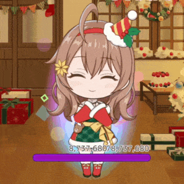 a girl with a santa hat and a purple bar that says 8,737,6808,737,680 on it