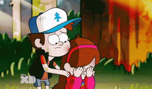 a cartoon of dipper and mabel from gravity falls hugging