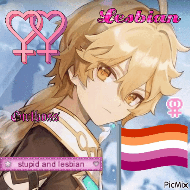 a picture of a girl with the words lesbian girlboss and stupid and lesbian
