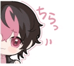 a close up of a cartoon character with pink hair and a cat ear .