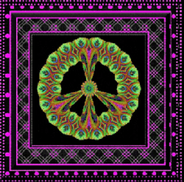 a peace sign is surrounded by a purple and black border