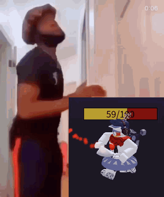 a man is standing next to a picture of a snowman with a score of 59/120