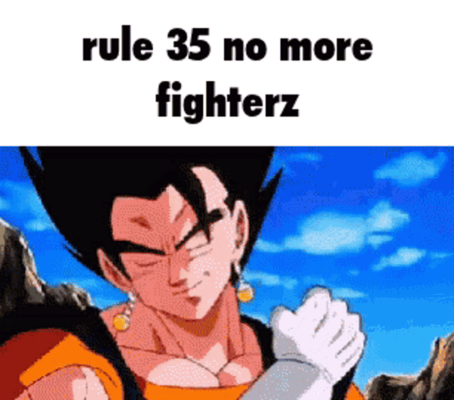a picture of a cartoon character with the words rule 35 no more fighterz on it