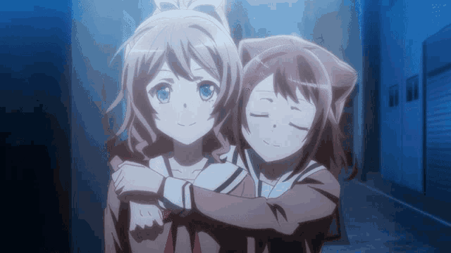 two anime girls hugging each other in a dark room