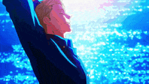 a man with his arms outstretched is standing in front of a blue background .