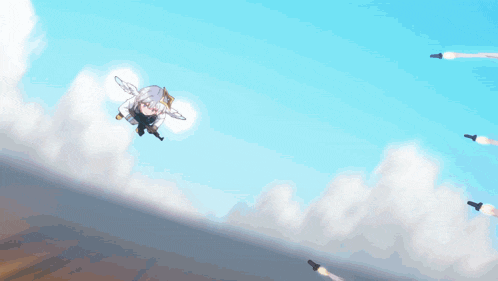 a cartoon character is flying through the air while missiles are flying in the background