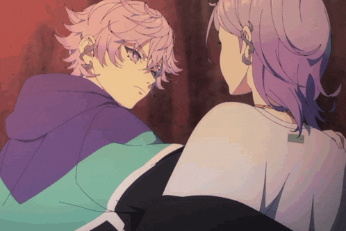 two anime characters are looking at each other with one having purple hair