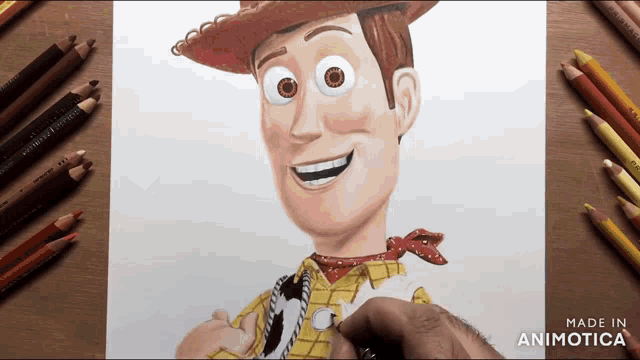 a drawing of woody from toy story is being made by animatica