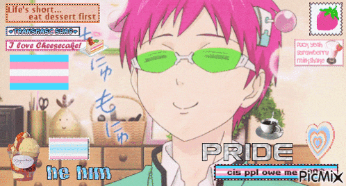 a picture of a person wearing sunglasses and the words pride on the bottom