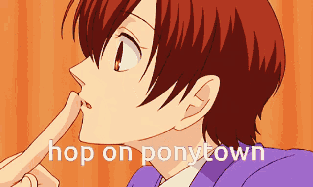 a close up of a person with the words hop on ponytown behind them