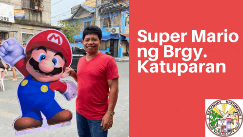 a man is standing next to a mario cut out