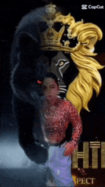 a man in a leopard print shirt stands in front of a black panther