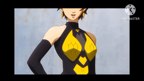 a woman is wearing a yellow and black superhero costume .