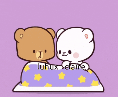 two teddy bears are laying under a purple blanket with the name luhux claire written on it