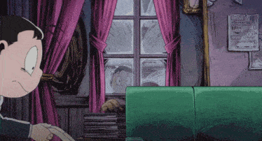 a cartoon drawing of a man looking out a window with a newspaper on the wall