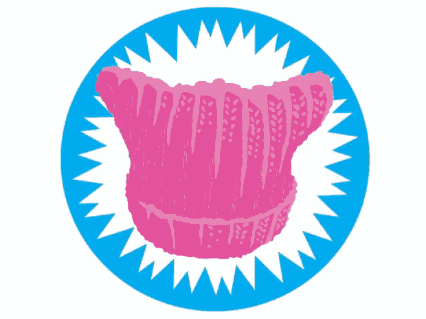 an illustration of a pink knitted hat on a blue circle