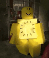 a yellow lego man is holding a clock with the hands on the numbers 1 through 12