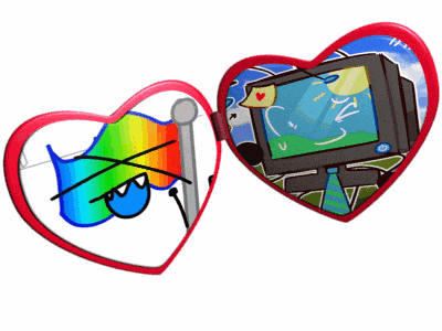 a heart shaped sunglasses with a rainbow flag and a tv on it
