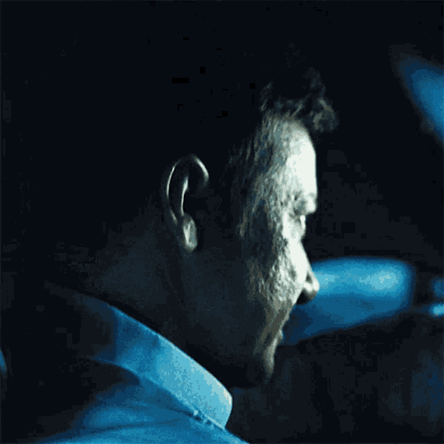 a man in a blue shirt is driving a car