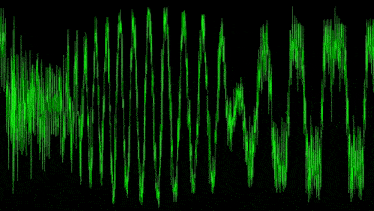a green sound wave on a black background with a few lines coming out of it .