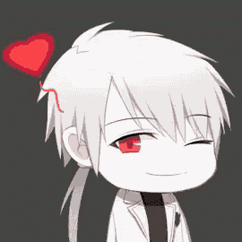 a cartoon character with white hair and red eyes has a heart in his hair .