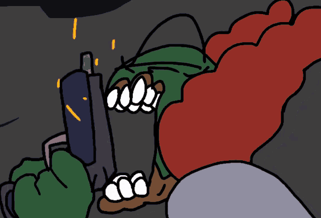 a cartoon character is holding a gun with a yellow flame coming out of his mouth
