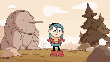 a cartoon of a girl standing next to a tree and a rock