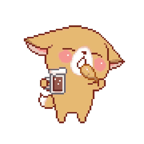 a pixel art drawing of a dog holding a mug and a chicken leg