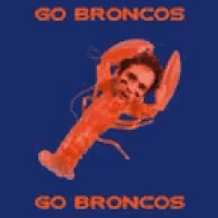 a picture of a lobster with a man 's head on it and the words go broncos on it .