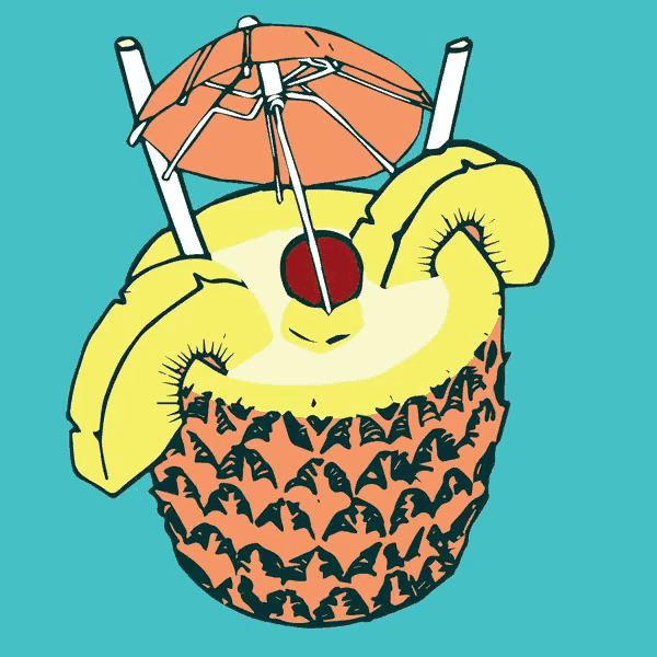a drawing of a pineapple with an umbrella and a cherry on top