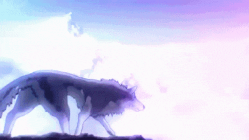 a painting of a wolf walking in the sky