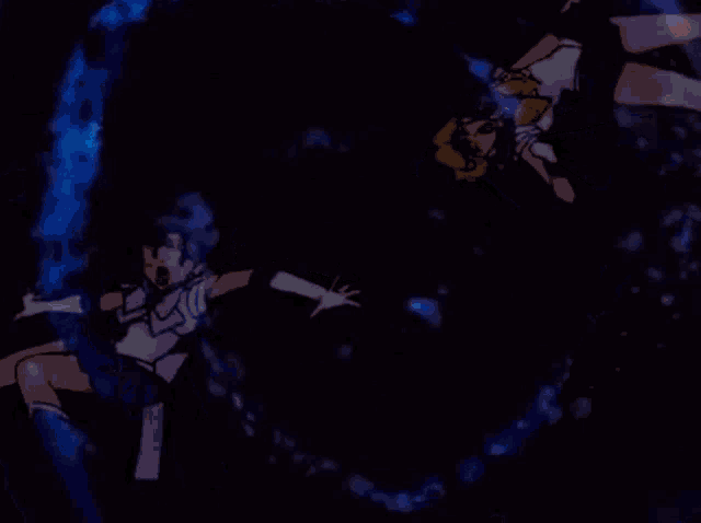 a couple of anime characters are flying through the air in a dark room