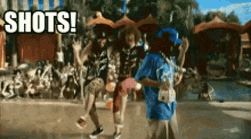 a group of people are dancing in front of a pool and the word shots is on the bottom