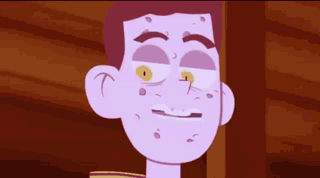 a close up of a cartoon character with purple skin