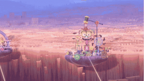 a cartoon character with the letter r on his hat is flying through the air
