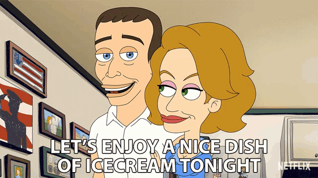 a cartoon says let 's enjoy a nice dish of ice cream tonight