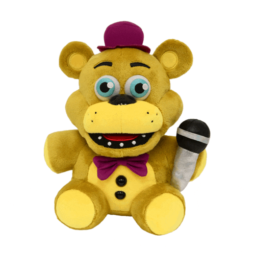 a yellow teddy bear with a purple top hat and bow tie holding a microphone