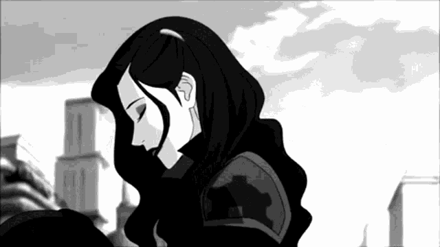 a black and white cartoon of a woman with long black hair looking down .