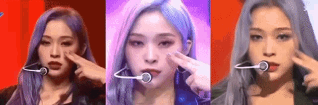 a woman with purple hair is making a funny face while wearing a microphone .
