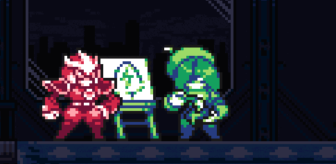 a pixel art of a green and red character