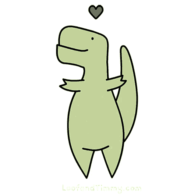 a cartoon drawing of a dinosaur with a heart above its head from loofandtimmy.com